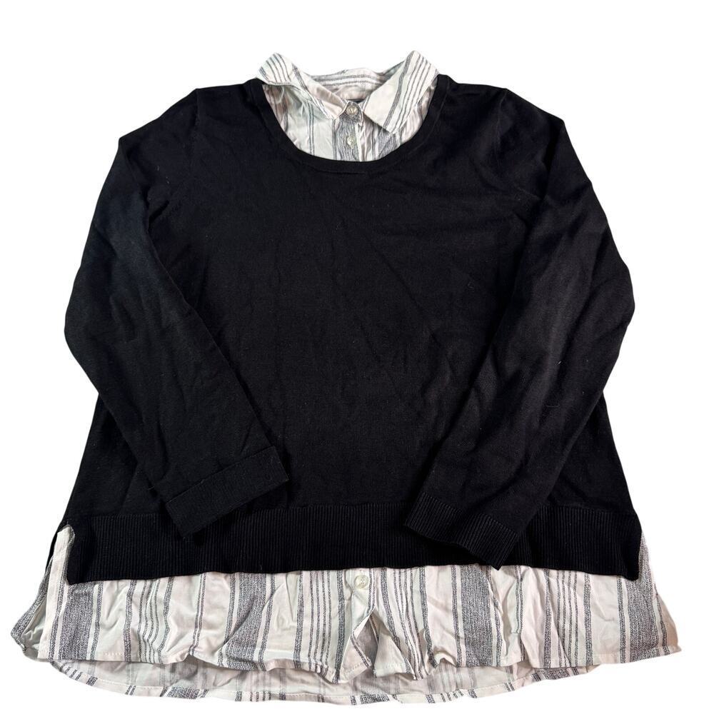 89th & Madison Womens M Layered Sweater Black Faux Collar Shirt Preppy Top